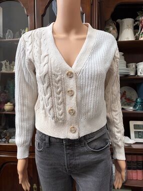 Joie Cream Cable-Knit Button Front Women’s Sweater Cardigan